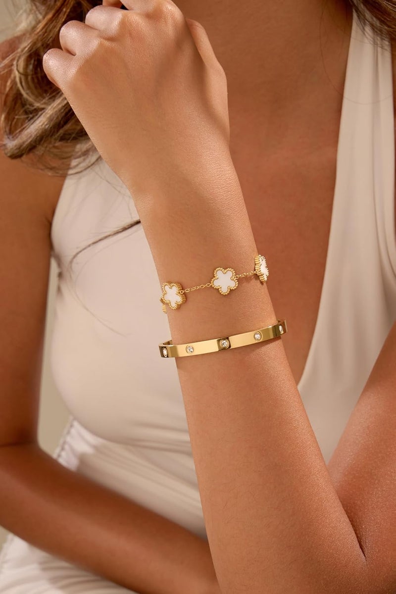 Funio 18K Gold Plated Clover Bracelet Love bangle Set for Women - Stack Friendship Bracelet Lucky Link Bracelets Jewelry Gifts Trendy for Women - Image 5